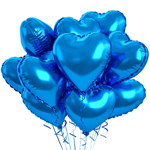 Image of Blue Foil Heart Balloons, 10PCS 18inch Love Shape for Helium Birthday Party Decorations, Boys Men, Baby Shower, Valentines, Wedding, Anniversary