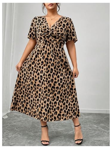 Floerns Women's Plus Size Cheetah Midi Dress Twist Front V Neck Short Sleeve A Line Dresses4