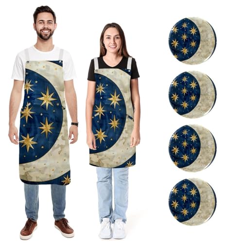 Tablier de cuisine imperméable et réglable (Lot de 2) Motif Étoile et Lune Taille L/M