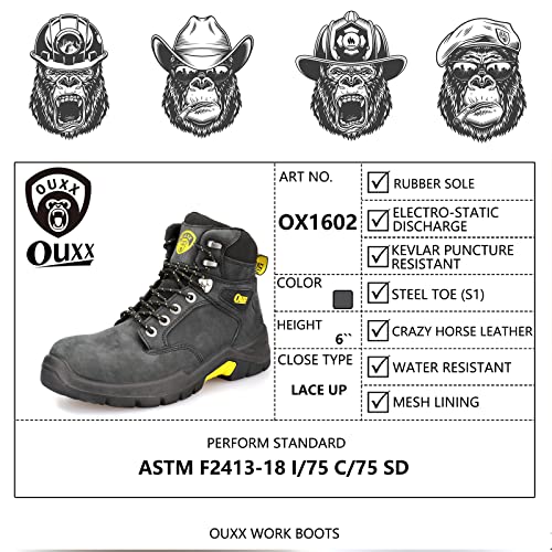 OUXX Work Boots for Men, Steel Toe & Non-Slip Rubber Safety Shoes, PORON XRD, ASTM F2413-18 I/75 C/75 SD(OX1601)4
