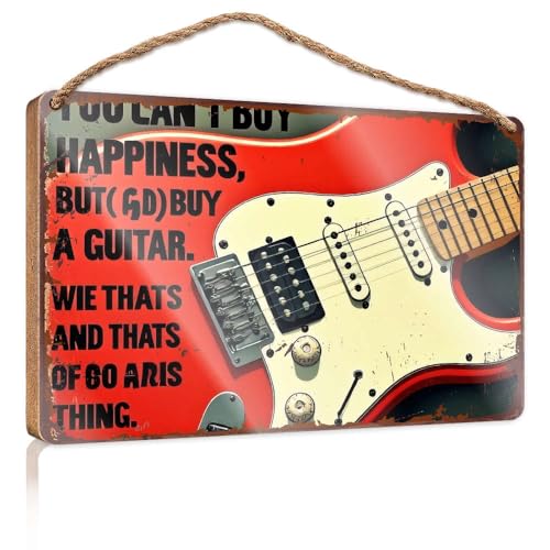 Placa decorativa de madera con la que no puedes comprar la felicidad, pero (Gd) compra una guitarra. Decoración de oficina para pared, divertidas decoraciones de porche (15 x 28 cm)