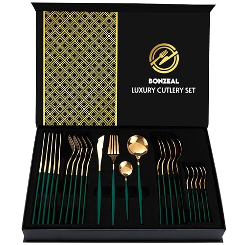 Image of Stainless Steel Green Gold Cutlery Set for 6 Person with Gift Box 24 Pieces Mirror Finish Luxury Premium Flatware Set for Dining Table Hotel Cafe Bar Restaurant House Warming Gifts