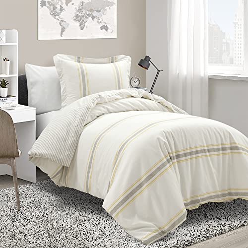 Image of Lush Decor Farmhouse Stripe Reversible Cotton Duvet Cover Twin XL Size 2 Piece Set Yellow & Gray - Twin XL Bedding Set - Striped Duvet Cover - Dorm Essentials