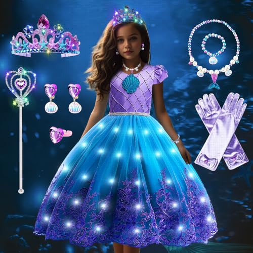 COYBTO Mermaid Costume Kids, Light up Dress for Girls, Glowing Mermaid Princess Fancy Dress with LED Princess Crown Magical Stick Set for Birthday Party Carnival Halloween Cosplay