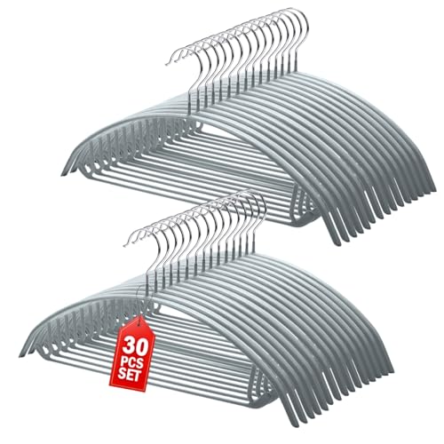 Vivva No Bump Rounded Clothes Hangers, Pack of 30, Metal with Non-Slip PVC Coated, for Dress Suit Coat Jacket Sweater Pants,Space Saving Heavy Duty Hook Durable Hangers, No Shoulder Bumps(Silver Grey)