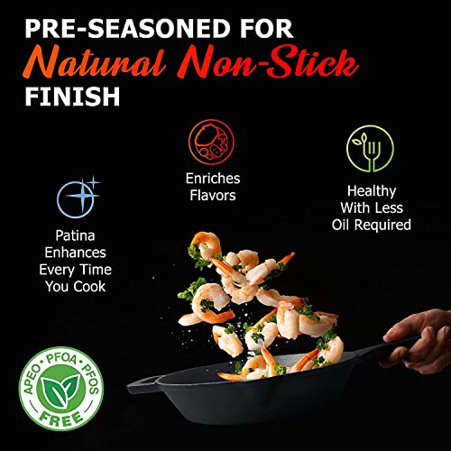 Mueller Heavy-Duty Cast Iron Skillet 10-inch, Pre-Seasoned Cast Iron Pan, Safe Across All Cooktops, Oven, BBQ, or Campfire, Handles & Dual Pouring