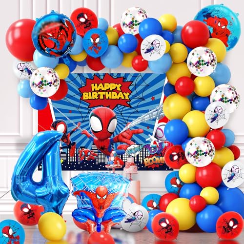 75 unidades decoração de piderma aniversário, balões de aranha 4 anos, decoração arco de balões, samsung balões de hélio número 4, decoração de aniversário criança 4 anos Spiderma, tela fotográfica