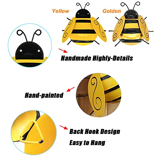 Maclaronx Metal Bumble Bee Yard Art Wall Decor, 4 Pcs 3D Iron Rustic Fence Outdoor Garden Accents Sculpture Hanging Decorations Lawn Home Indoor Ornaments (2 Yellow + 2 Golden) #TOP3