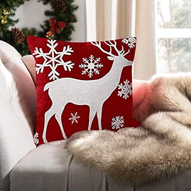 Xmas Throw Pillow Cover Merry Christmas Happy Holidays Baby Its Cold Outside Snowflakes Deer Snowflakes Red Cotton Pillowslip for Sofa Bed Stand Size Pillowcase 24x24 Inch
