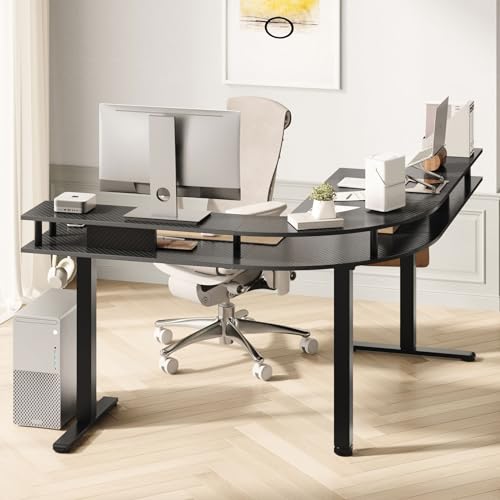 Image of Bestier 63 Inch Large L Shaped Standing Desk Adjustable Height, Gaming Electric Stand Up Desk with Monitor Stand, Dual Motors Rising Gaming Desk with 2 Headphone Hooks(Black 3D Carbon Fiber)