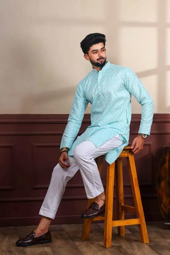 Image of LookMark Men's Printed Silk Blend Kurta with Mandarin Collar, Full Sleeves, Straight Fit Traditional Ethnic Wear