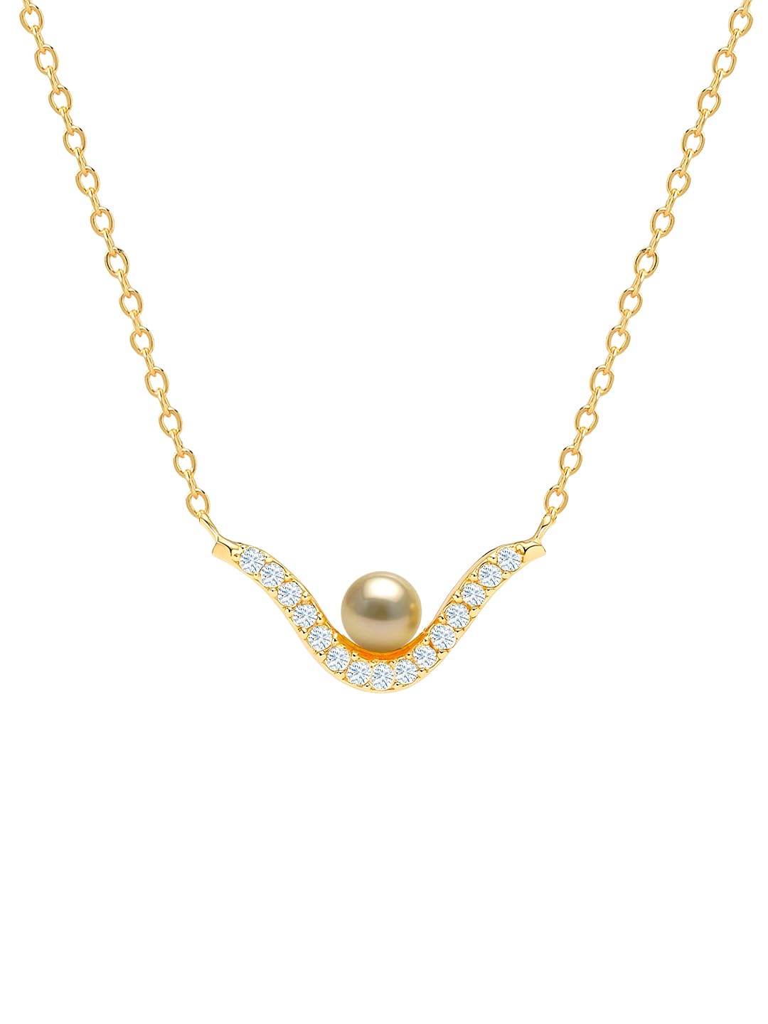 minutiae Gold Plated Pearl Pendant Necklace, V-Shape Design with Crystal Stones, Sterling Silver-picture-27