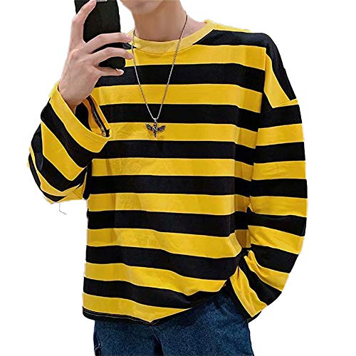 Tasty Life T-Shirt À Manches Longues pour Hommes Chemise Rayée Classique Col Rond Décontracté Top Color Matching Top Printemps Harajuku Style Hip Hop T-Shirt(L,Yellow) Cover