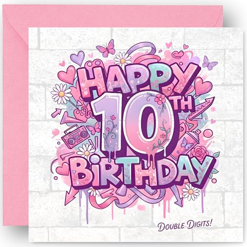 10th Birthday Card Gift for Girls Daughter Granddaughter Graffiti Style Design Happy 10 Years Old Birthday Greeting Card with Vibrant Pink Envelope - Size 14cm