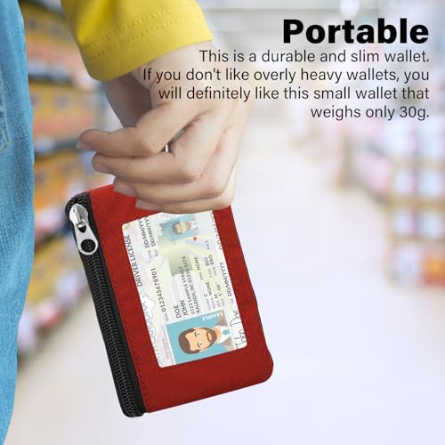 Image of Minimalist RFID Wallet with Lanyard, Multi-Functional ID Case with 2 Zipper Pockets and Key Chain for Men and Women, Tactical Badge Pouch Cards Holder, Coin Purse for Travel Sports - Red&Pink