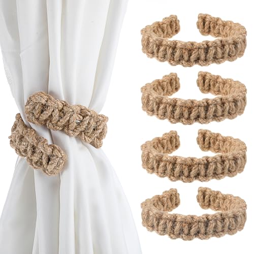 4 Pack Boho Curtain Tiebacks Braided Curtain Holdbacks Tie Backs Holders Rustic Rope Pull Backs for Sheer/Light Weight Drapes of Home Office Bedroom Window