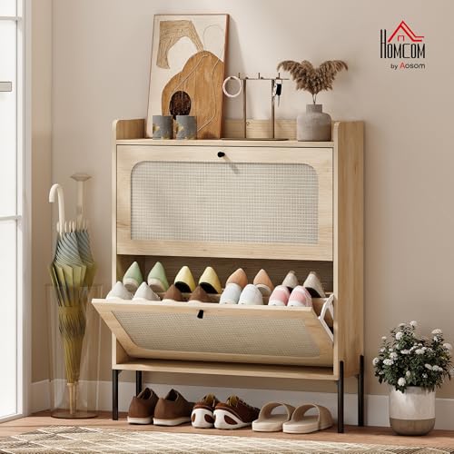 Image of HOMCOM Shoe Cabinet with 2 Flip Drawers and Rattan Doors, Narrow Shoe Storage Cabinet with Adjustable Shelves, Raised Tabletop, Boho Storage Organizer for Entryway, Hallway, Holds 12-16 Pairs, Oak