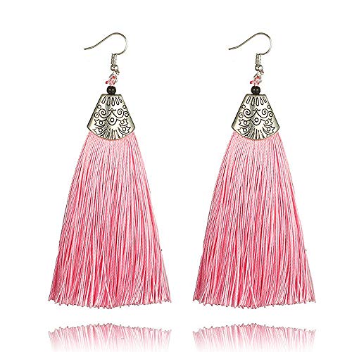 YRY Tassel Earrings Fringe Drop Long Dangling Bohemian Statement Thread Earrings for Women Wedding Party Jewelry (Pink)