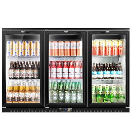 Image of Tylza Back Bar Cooler With 3 Glass Doors, 312L Under Counter Back Bar Refrigerator with LED Lighting, Safety Locks, Counter Height Bar Beverage Cooler for Beer, Soda Drinks, Wine, Black