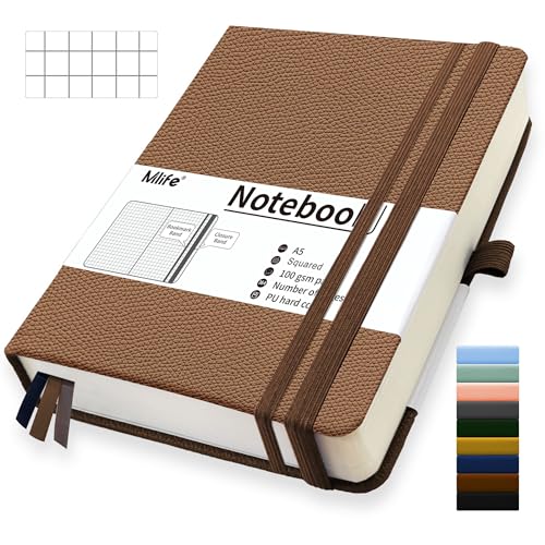 Mlife A5 Kariert Journal Notizbuch,360 Seiten Und 100g/M² Tintenfestes Papier,Hardcover Collegeblock Notizblock,Notizbücher Mit Falttasche Für Büro Schule Zuhause Schreiben&Notizen(Braun)