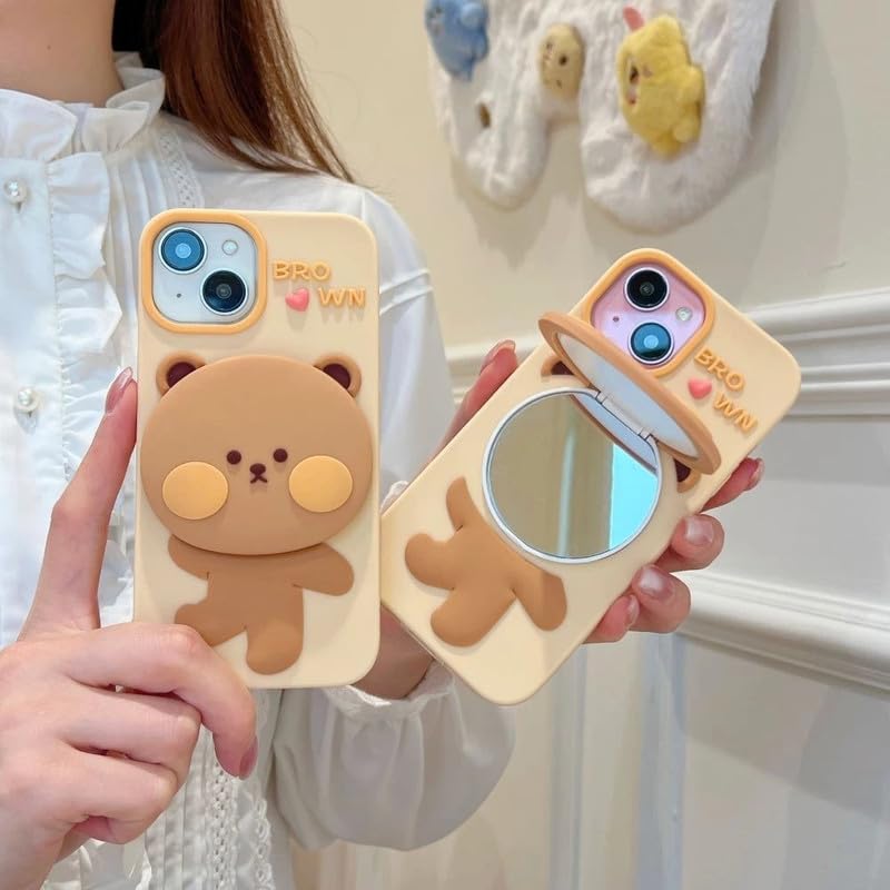 Image of COVERLY for iPhone 15 3D Teddy Bear Mirror Cartoon Stand Case,Premium Silicone Case Full Protective Cute Feel Love with Phone Holder Cool Makeup Mirror Cute Kawaii Aesthetic Cover for Apple iPhone 15