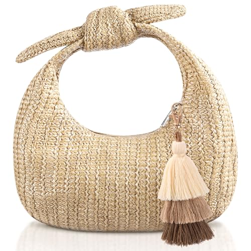Image of Abbylike Knotted Straw Clutch Purse with Tassels Summer Beach Bag Bow Dumpling Evening Handbag for Women Beach Party Travel