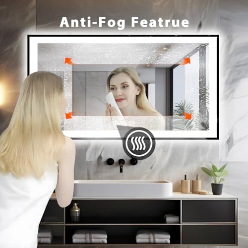 55x30 Light up Bathroom Mirror, LED Vanity Mirror, Black Border, Backlit + Front Lit, 3 Colors Dimmable, Anti-Fog, Shatter-Proof, Touch Control, Anti-Corrosion, Memory (Horizontal/Vertical)