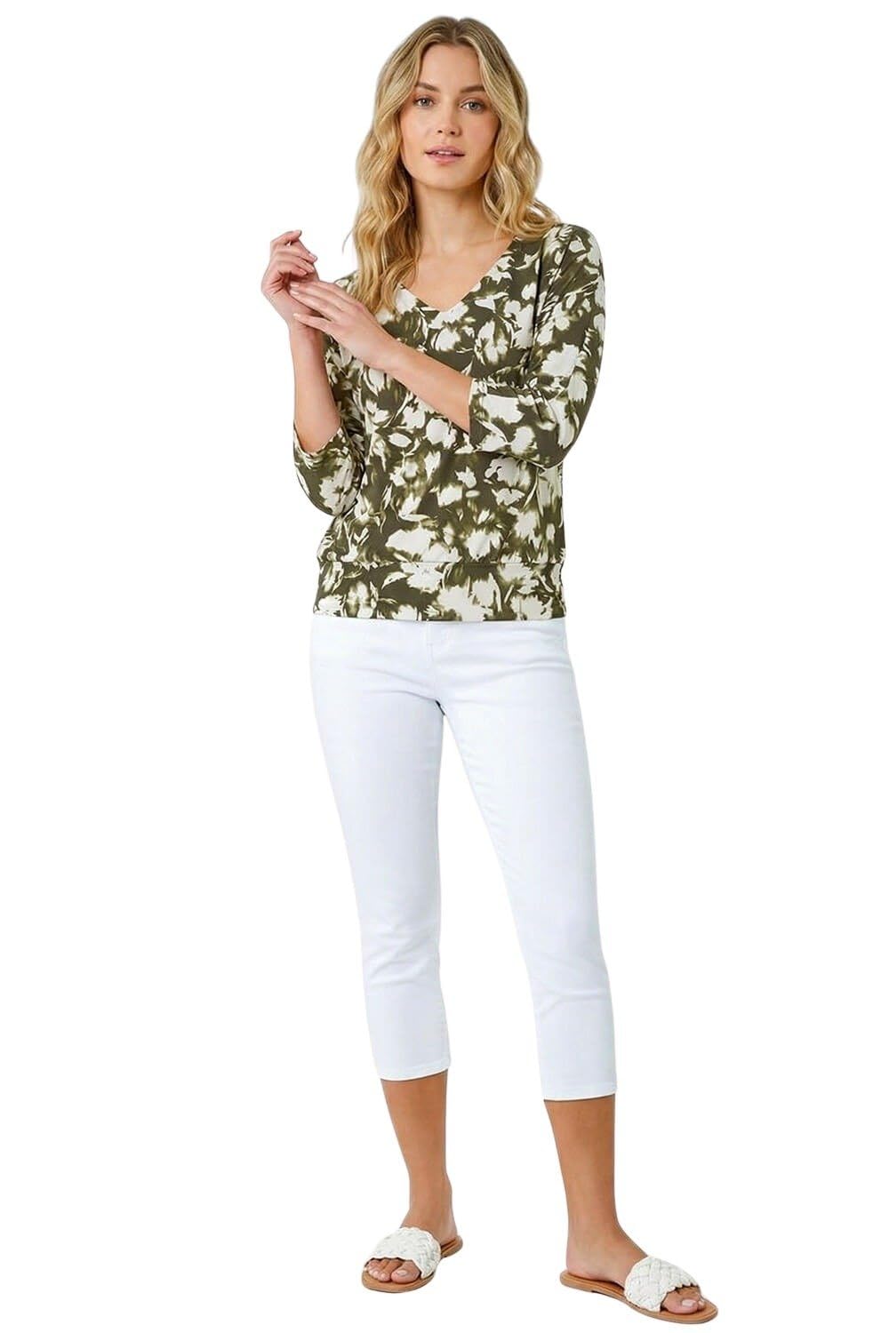 Roman Originals Women's Brown Roman Abstract Bubble Hem Top For Uk - Autumn Everyday Winter Holiday V-Neckline Comfy 3/4 Sleeve Soft Elasticated Hemline Shirt Office Desk Blouses - Khaki - Size 10