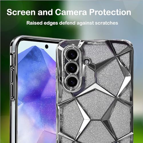 Image of VONZEE Gradient Glitter Case for Samsung A36, Luxury Electroplated 3D Cube, Diamond Bling Shiny Soft TPU Clear Shockproof Women Girls Protective Phone Cover (Silver)