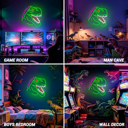 Image of Dinosaur Neon Sign Lights for Wall Decor, T-REX LED Sign for Room and Man Cave Decor, Dimmable Powered LED Signs for Bedroom, Man Cave Party, Birthday Christmas Gift (T-REX Green)