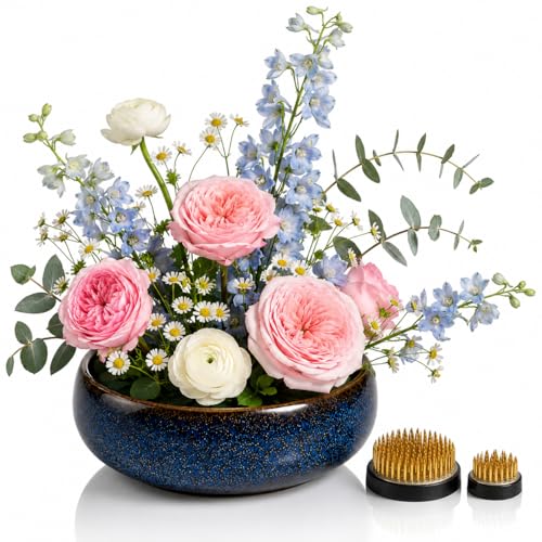 Adkoat 6.5 Ceramic Ikebana Vase Set - Japanese Style Zen Floral Arranger Kit for Meditation Decor Centerpiece Hydroponic Plants - Blue Pottery Flower Bowl with 2 Kenzan Flower Frogs - 1.8 | 1.3