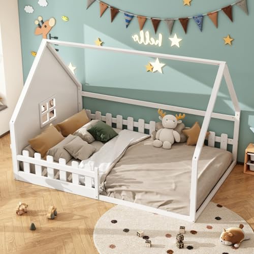 EURHCIO Lit Au Sol Enfant 140x200cm,Lit Cabane Enfants Montessori avec Design Cabine Distinctif,Barrières Hautes,Sommier à Lattes Solide,pour Enfants,Pin(B-Blanc,...