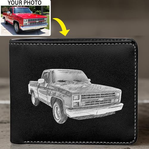 Pickup Truck Personalized Photo Printed Leather Bifold Wallet, Unique Gift For Truck Guys, Classic Vintage Old Pickup Truck, Heavy Duty Truck, Square Body Lovers (Sketc)4