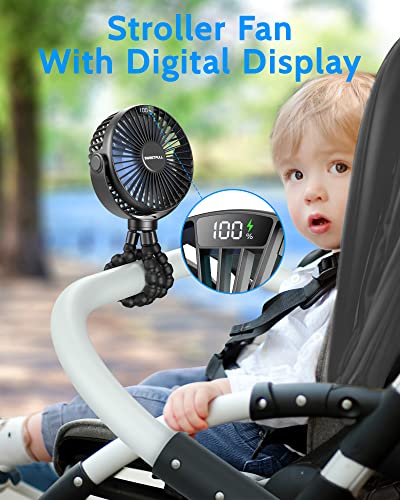 Sweetfull Portable Stroller Fan, Led Display 6000Mah Battery Operated Mini Clip Fan, 4 Speed Rechargeable Small Personal Fan Handheld Desk Cooling Fan For Car Seat Crib Treadmill Travel(Black) #TOP1