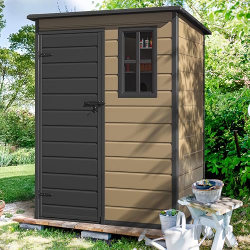 Image of DWVO 5x3 FT Outdoor Storage Shed with Floor, All-Weather Resin Storage Shed with Lockable Door & Window, Waterproof Plastic Tool Storage for Garden, Backyard, Patio, Lawn, Brown