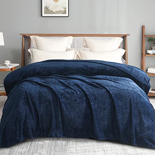 Exclusivo Mezcla Queen Size Jacquard Weave Wave Pattern Flannel Fleece Velvet Plush Bed Blanket As Bedspread/Coverlet/Bed Cover (90" X 90",Navy Blue) - Soft, Lightweight, Warm And Cozy #TOP20
