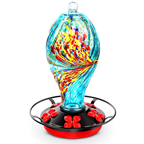 KONIZY Hummingbird Feeders for Outdoors Hanging, Hand Blown Glass Hummingbird Feeder with Attractive...