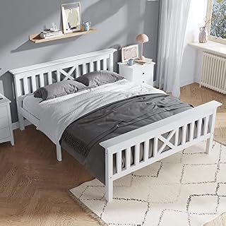 HOOSENG Wooden Double Bed Frame, 4FT6 Double Bed Frame with Headboard and Footboard, White Wooden Bed Frame Guest Bed for Adults, Kids, Teenagers 201 x 143.5 x 82.5 CM