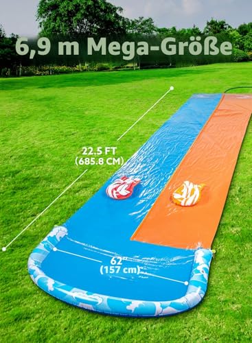 JOYIN 685 cm Rutsche und Wasserrutsche mit 2 Bodyboards, Rasen-Wasserrutsche mit eingebautem Sprinkler für Sommer-Wasserspaß im Garten für Kinder und Erwachsene