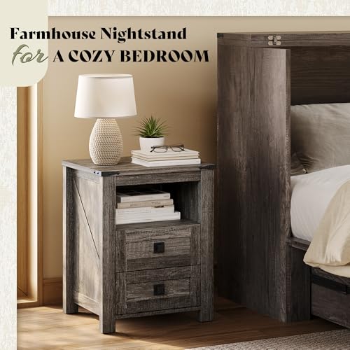 Image of AMERLIFE Farmhouse Nightstand Set of 2, Wooden Side Table with Drawers & Open Shelf, Narrow /Small Bedside End Table, Wood Night Stand for Bedroom /Dorm /Home Office, Rustic Grey Oak
