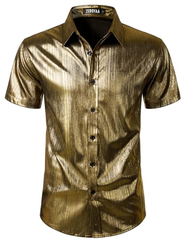 ZEROYAA Men 70s Shiny Short Sleeve Button Down Shirt Fashion Sparkle Disco Dress Shirts