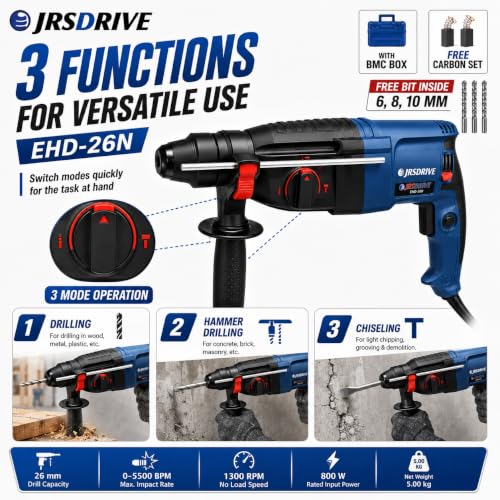 Image of EASTMAN EHD-26N Corded Electric Rotary Hammer Drill with SDS Plus, 800 W, 26 mm Drilling Capacity, 0-5500 BPM, 1300 RPM, Reversible Switch, BMC Box, Free Carbon Set & Drill Bits 6 /8 /10 mm, Blue