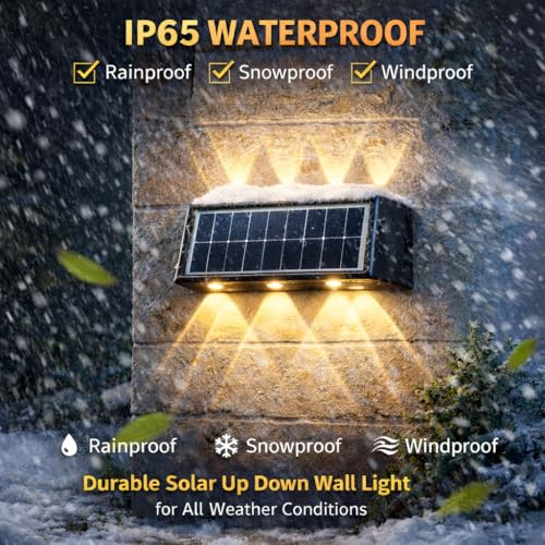 Image of Gesto 6W Solar Wall Lights Outdoor Waterproof IP65, Warm White Up & Down Wall Lamp with 1200mAh Battery, Auto ON /Off Dusk to Dawn, Exterior Light for Garden Fence Gate Patio Pathway Elevation Balcony