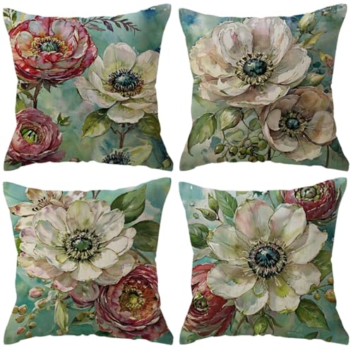 ULOVE LOVE YOURSELF Decorative Throw Pillow Case Oil Painting Floral Cushion Cover Spring Summer Garden Art Pillow Covers 18 X 18 Inches,4Pack White Anemone and Pink Peony Design for Sofa Couch Porch