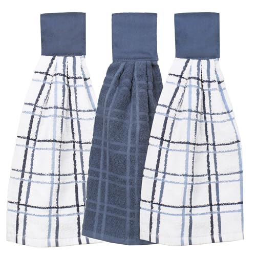 Image of Ritz Premium 100% Cotton Solid and Multi Check Kitchen Tie Towel Absorbent, Super Soft, and Fast Drying Hang Towel, Set of Three, Federal Blue