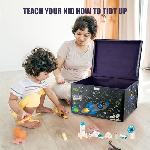 The Magic Toy Shop Large Foldable Kids Toy Storage Box with Lid - Black Colour and Space Design - Collapsible Fabric Organizer for Childrens Toys, Crafts, Clothes - for Boys & Girls Bedroom 50x30x40cm