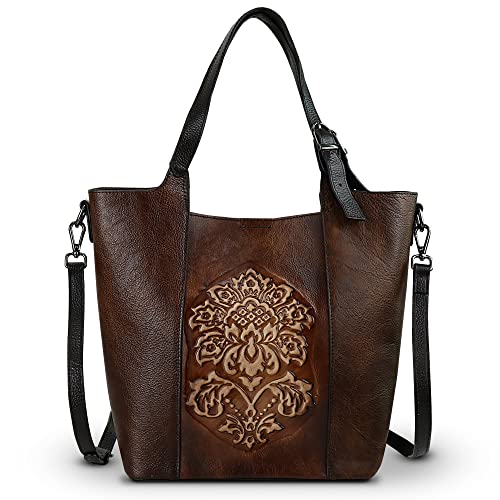 Tote Bags for Women Leather Shoulder Hand Bags Tote Handle Medium Satchel Vintage Embossing Rose (Coffee)
