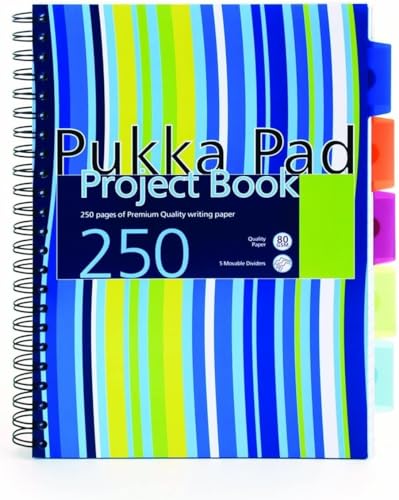 Pukka Pad, A4 Striped Project Notebook 1-Pack - 29.7 x 23cm - Wirebound Notebook with Ruled Lines on 80GSM Paper – Includes Repositionable Dividers with Storage Pockets - 250 Pages, Pink or Blue