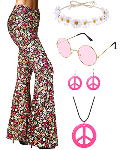 SATINIOR 60s 70s Hippie Dress Costumes for Women Bell Bottoms Peace Necklace Earrings Halloween Retro Disco Dresses(Large)