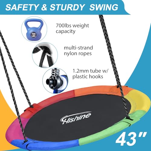 43 inch Saucer Tree Swing for Kids,Durable Textilene Round Swing Heavy Duty, Waterproof and All-Weather Resistant,Swivel,Adjustable Strong Ropes,Easy to Install,Outdoor Playground Backyard